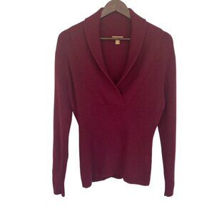 Katherine Kelly Burgundy Shaw Collar V-Neck Cashmere Sweater - Medium